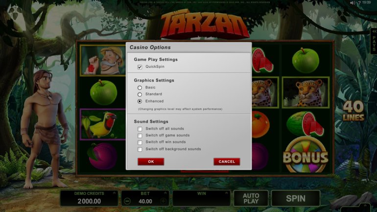 Optionen des Tarzan-Spielautomaten